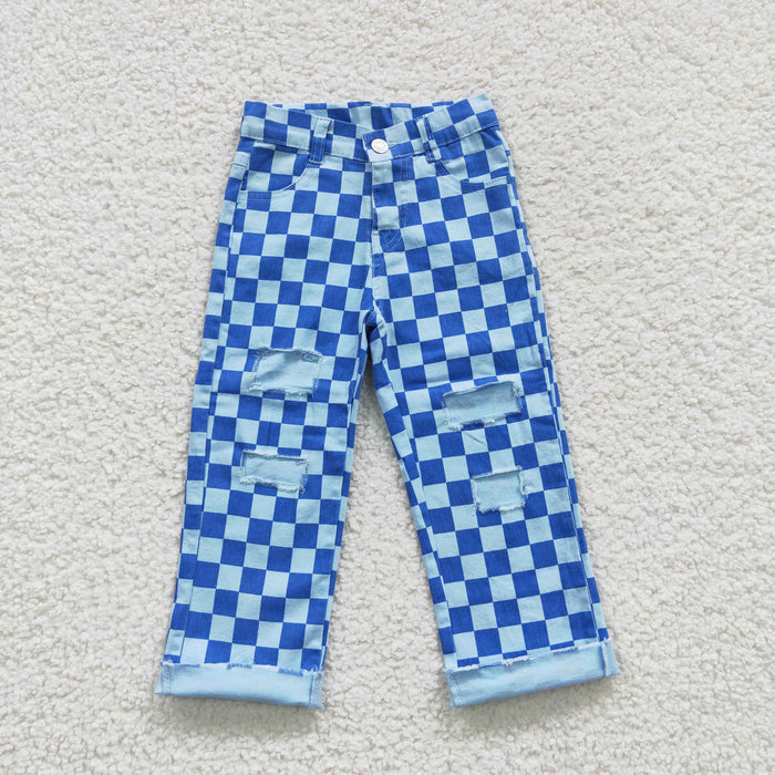 P0097 Blue Plaid Denim Distressed Bottoms Jeans Kids Pants