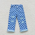 P0097 Blue Plaid Denim Distressed Bottoms Jeans Kids Pants
