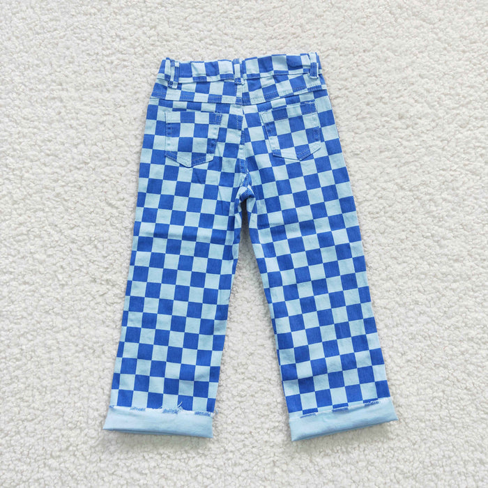 P0097 Blue Plaid Denim Distressed Bottoms Jeans Kids Pants