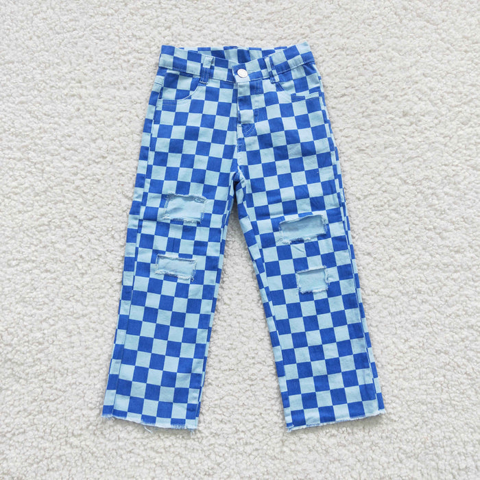 P0097 Blue Plaid Denim Distressed Bottoms Jeans Kids Pants