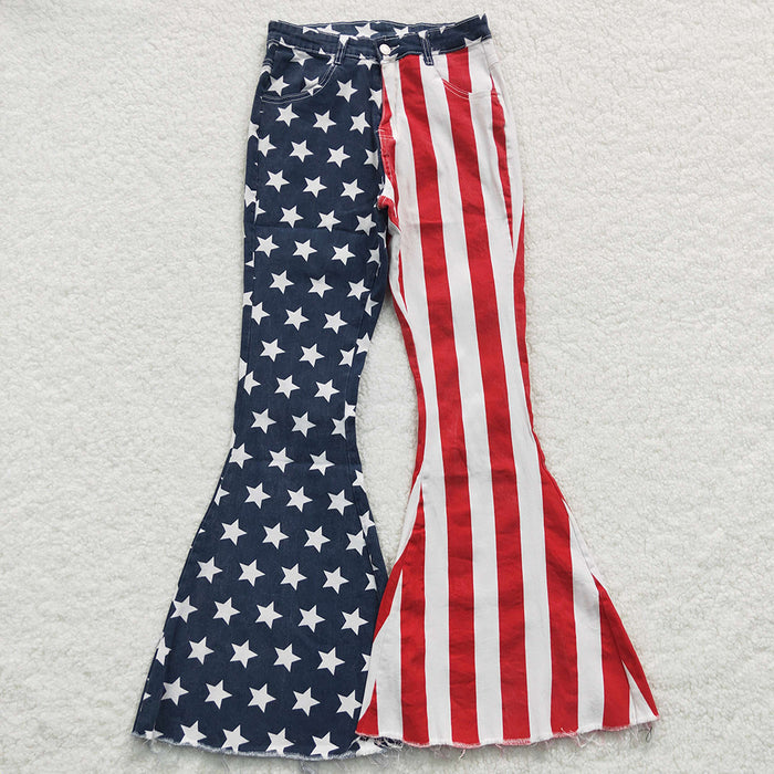P0119 Women's Patriotic Star & Stripe Denim Pants – Red, White & Blue