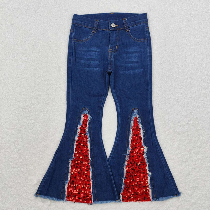 P0532  Blue Denim Red Sequin Bottoms Jeans Girls Christmas Pants