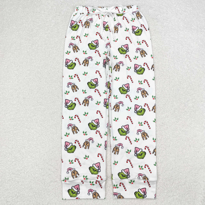 P0536 Adult Green Frog Candy Cane Holly Print Woman Christmas Bottom Pajamas Pants