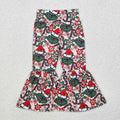 P0631 Green Frog Flowers Candy Cane Print Girls Christmas Bell Bottom Pants