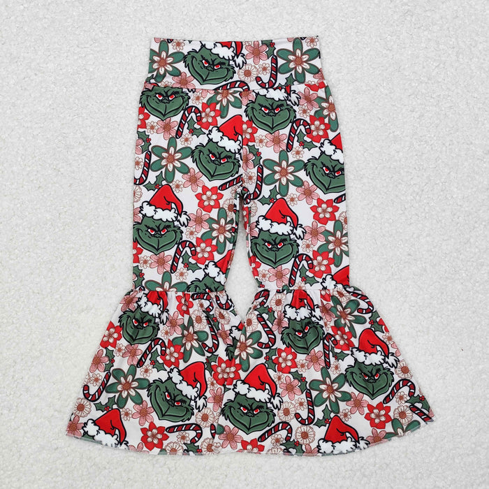 P0631 Green Frog Flowers Candy Cane Print Girls Christmas Bell Bottom Pants