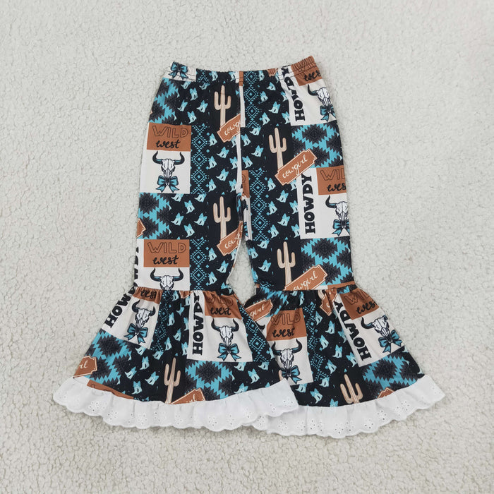 P0781 Cowgirls Wild West Aztec Bell Bottom Pants With Lace Ruffle