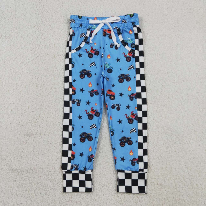 P0950 Monster Truck Flags Blue Plaid Boys Pockets Bottom Pants