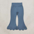 P1077 Blue Cotton Girls Scallop Edge Bell Bottom Pants