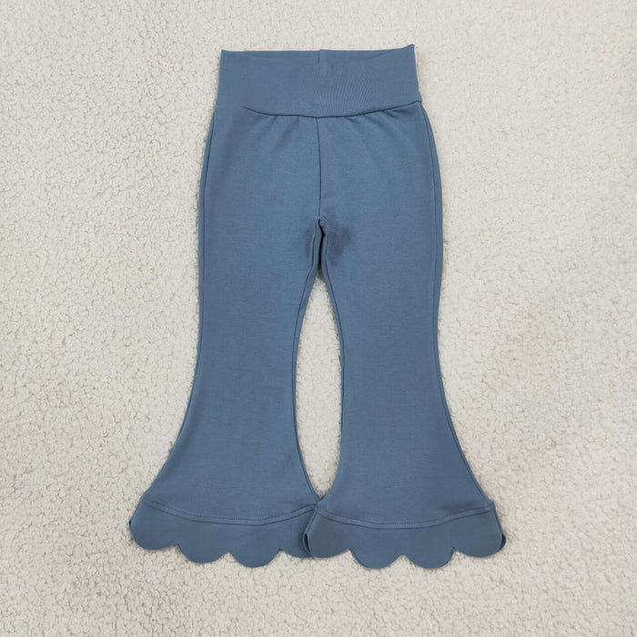 P1077 Blue Cotton Girls Scallop Edge Bell Bottom Pants