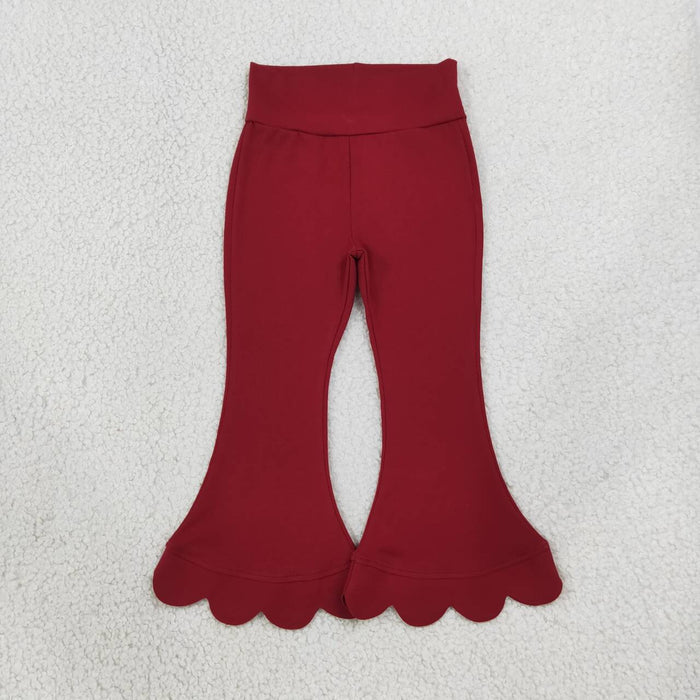 P1082 Wine Cotton Girls Scallop Edge Bell Bottom Pants