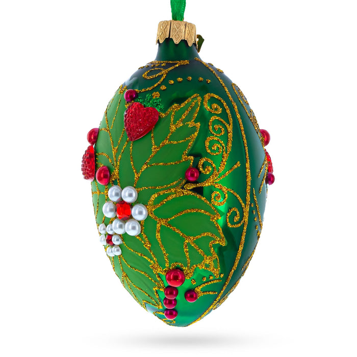 Pearl on Green Leaves Glass Egg Ornament 4 Inches