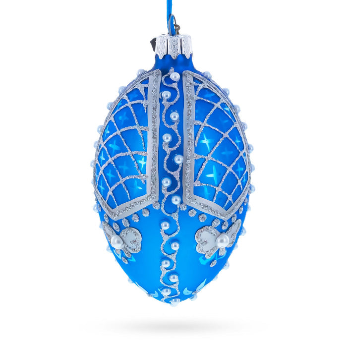 Pearls on Blue Glass Egg Ornament 4 Inches