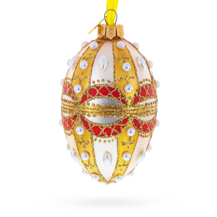 Pearls on Gold and White Glass Egg Ornament 4 Inches