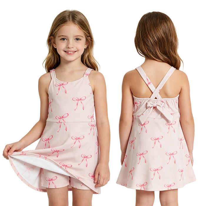 Pink Bows Print Girls Summer Strap Yoga Dress
