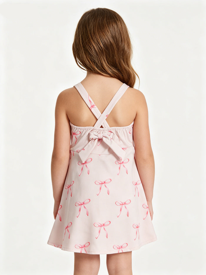 Pink Bows Print Girls Summer Strap Yoga Dress