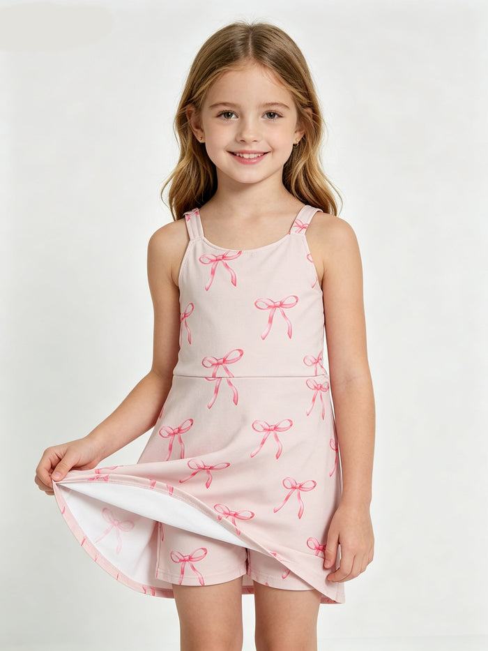 Pink Bows Print Girls Summer Strap Yoga Dress