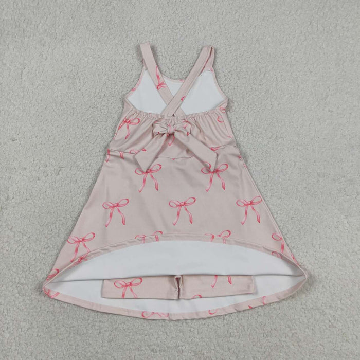 Pink Bows Print Girls Summer Strap Yoga Dress