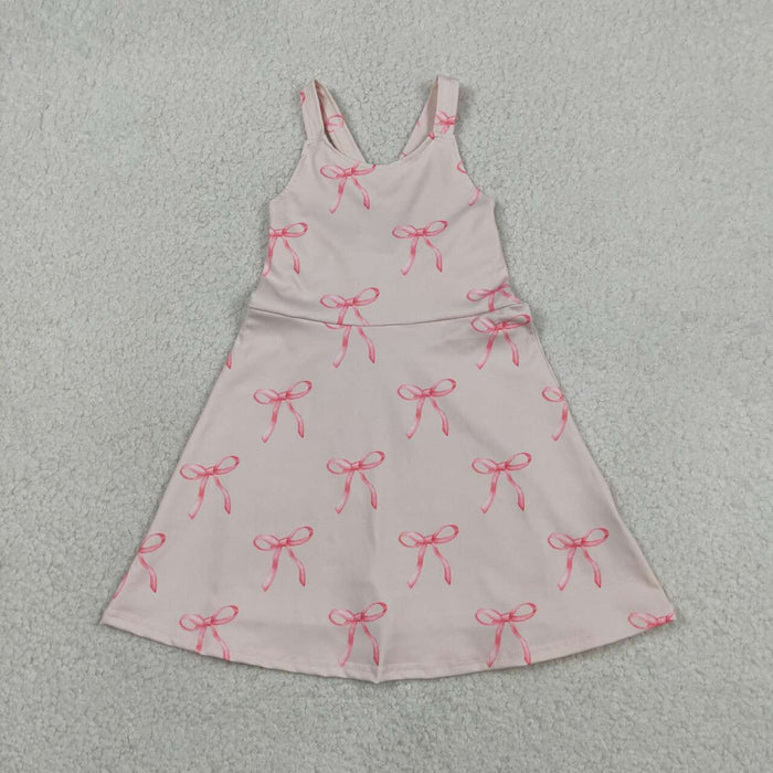 Pink Bows Print Girls Summer Strap Yoga Dress