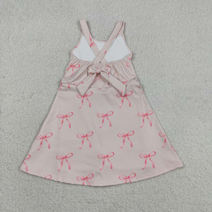Pink Bows Print Girls Summer Strap Yoga Dress