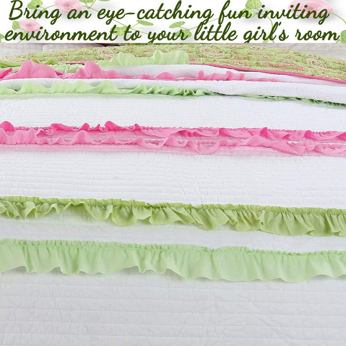 Pink Green Chic Ruffle Girl Cotton Reversible Quilt Bedding Set