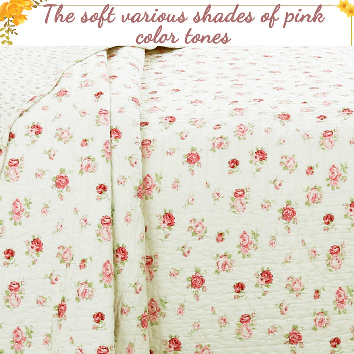 Pink Rose Garden Floral Cotton 3-piece Reversible Quilt Bedding Set