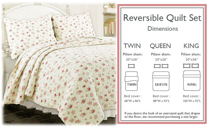Pink Rose Garden Floral Cotton 3-piece Reversible Quilt Bedding Set