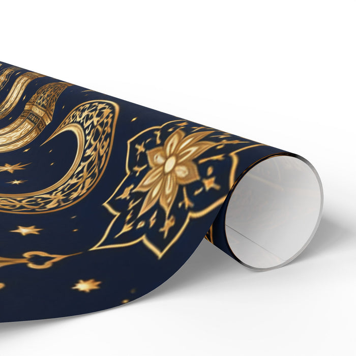 Premium Gold Crescent Moon Wrapping Paper Roll — Navy Celestial Gift Wrap for Ramadan, Eid, & Holidays