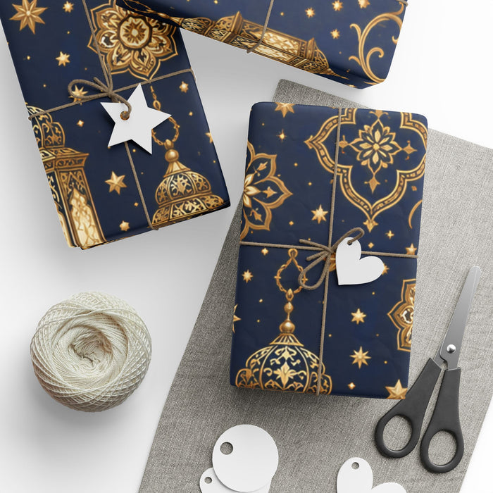 Premium Gold Crescent Moon Wrapping Paper Roll — Navy Celestial Gift Wrap for Ramadan, Eid, & Holidays