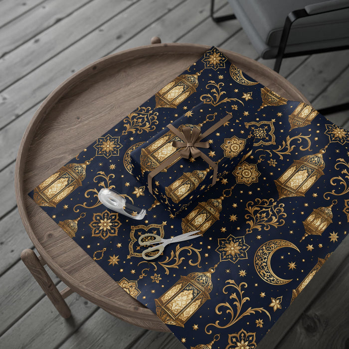 Premium Gold Crescent Moon Wrapping Paper Roll — Navy Celestial Gift Wrap for Ramadan, Eid, & Holidays