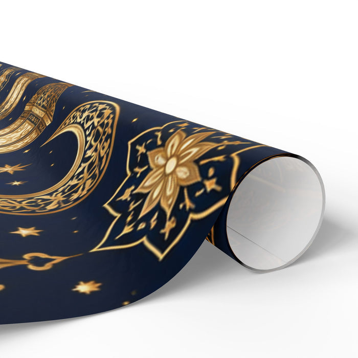 Premium Gold Crescent Moon Wrapping Paper Roll — Navy Celestial Gift Wrap for Ramadan, Eid, & Holidays