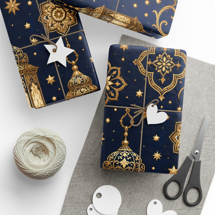 Premium Gold Crescent Moon Wrapping Paper Roll — Navy Celestial Gift Wrap for Ramadan, Eid, & Holidays