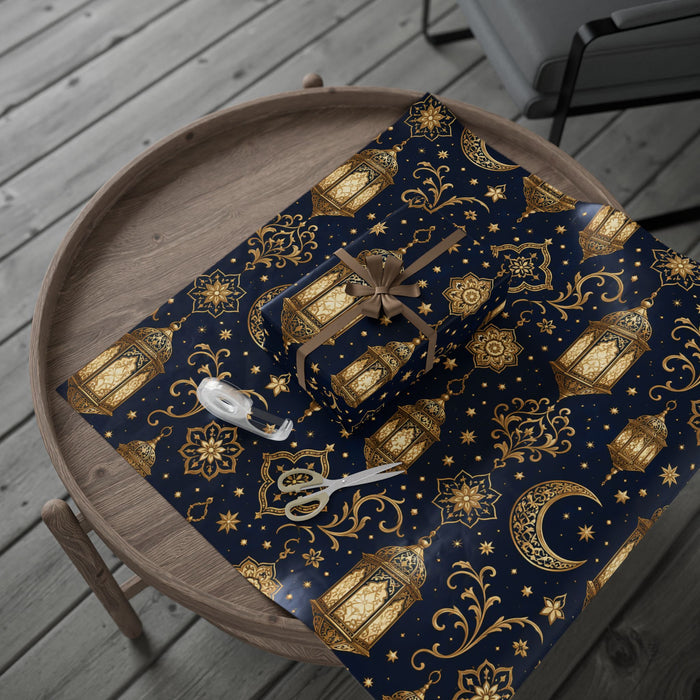 Premium Gold Crescent Moon Wrapping Paper Roll — Navy Celestial Gift Wrap for Ramadan, Eid, & Holidays