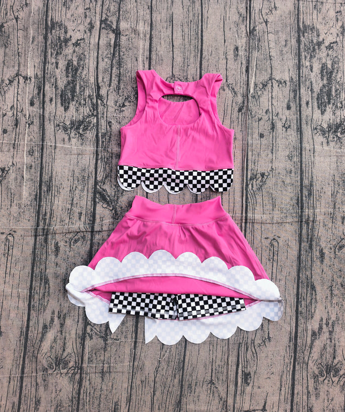 Preorder Hot Pink Black Plaid Print Girls Summer Yoga Clothes Set