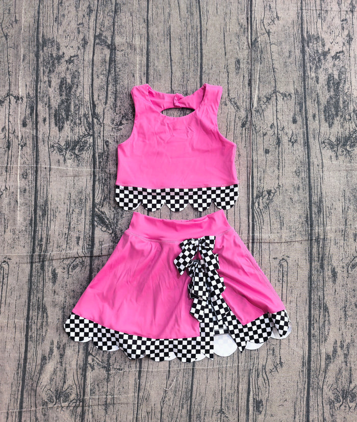 Preorder Hot Pink Black Plaid Print Girls Summer Yoga Clothes Set