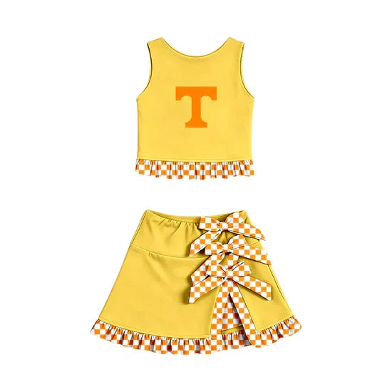 Preorder (moq 5) Girls Tennessee Volunteers Checker Ruffle Tank Top & Multi Bow Skort Game Day Outfit