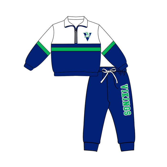 Preorder (moq 5)Baby Boys Vikings Zip Pullovers Top Jogger Pants Team Clothes Set