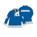 Preorder (moq 5)Baby Girls Blue Long Ruffle Sleeve Los Angeles Team Zip Pullovers Top