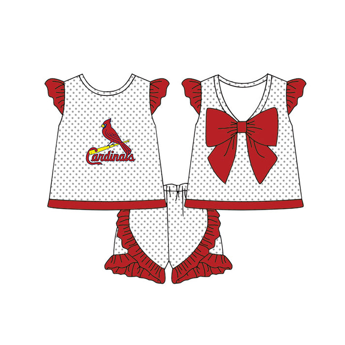 Preorder (moq 5)Baby Girls Cardinals Polka Dots Back Bow Tunic Ruffle Shorts Team Clothes Sets