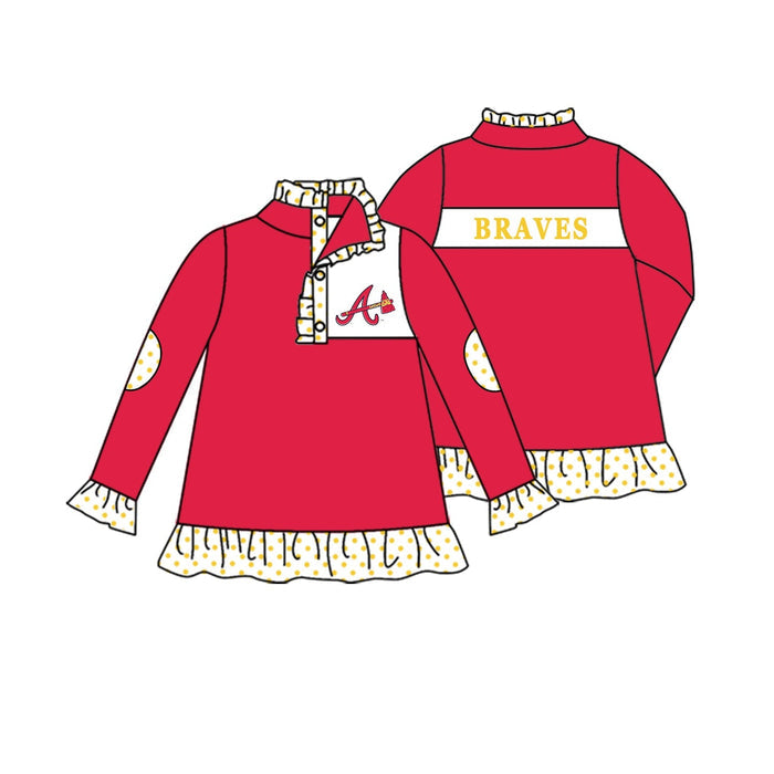 Preorder (moq 5)Baby Girls Red Long Ruffle Sleeve A Braves Team Zip Pullovers Top