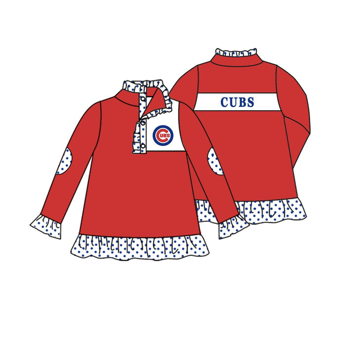 Preorder (moq 5)Baby Girls Red Long Ruffle Sleeve Cubs Team Zip Pullovers Top