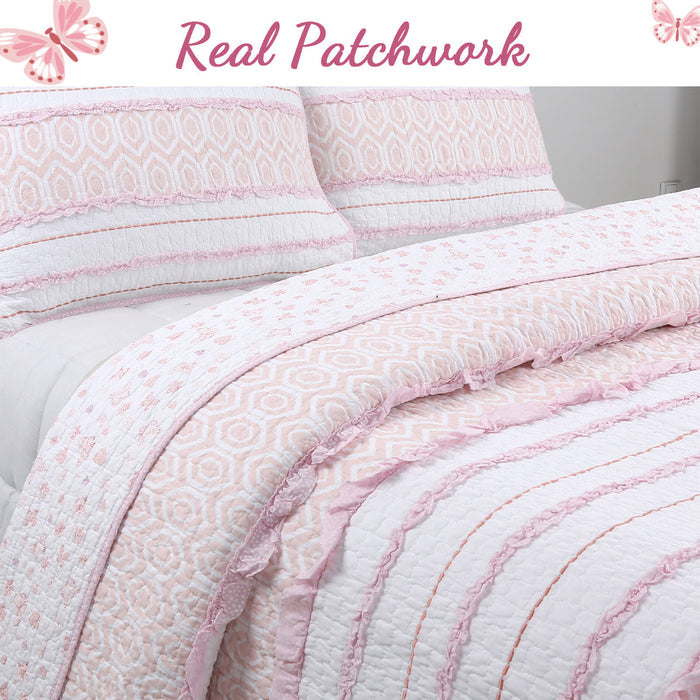 Pretty in Pink Girly Princess Ruffled Star Ogee Stripe Real Patchwork Cotton Reversible Quilt Bedding Set