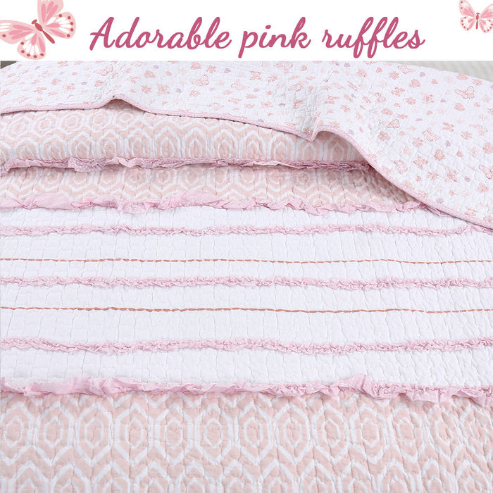 Pretty in Pink Girly Princess Ruffled Star Ogee Stripe Real Patchwork Cotton Reversible Quilt Bedding Set