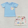 (Promotion)BSSO0142 Blue Pocket Top Farm Tractors Shorts Boys Summer Clothes Set