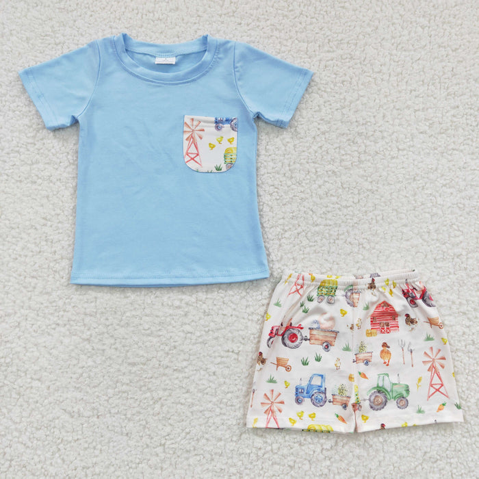(Promotion)BSSO0142 Blue Pocket Top Farm Tractors Shorts Boys Summer Clothes Set