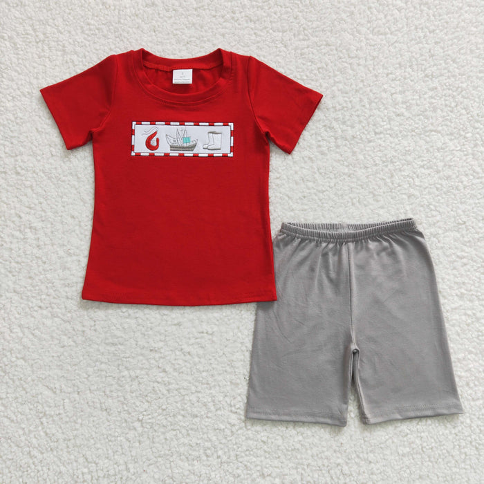 (Promotion)BSSO0144 Ship Boots Embroidery Red Top Grey Shorts Boys Summer Clothes Set