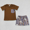 (Promotion)BSSO0149 Brown Pocket Top Cow Skull Stripes Shorts Boys Summer Clothes Set