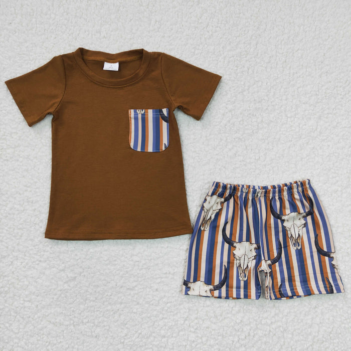 (Promotion)BSSO0149 Brown Pocket Top Cow Skull Stripes Shorts Boys Summer Clothes Set