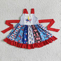 (Promotion)C10-10 Unicorn Stars Flag Print Girls 4th of July Strap Twirl Knee Length Dress