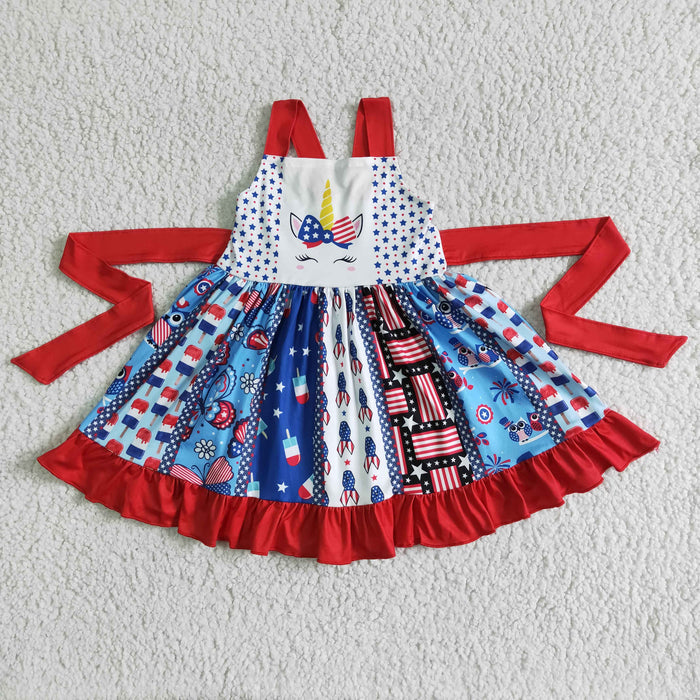 (Promotion)C10-10 Unicorn Stars Flag Print Girls 4th of July Strap Twirl Knee Length Dress