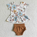 (Promotion)GBO0032 Flowers Top Brown Shorts Baby Girls Summer Bummie Set